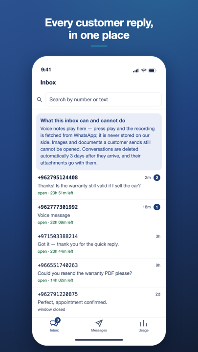 The ZLA Inbox conversation list on a phone, showing customer replies with the time left to answer each one