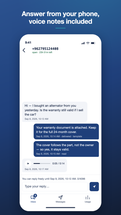 A conversation thread with the reply box open and a voice note ready to play