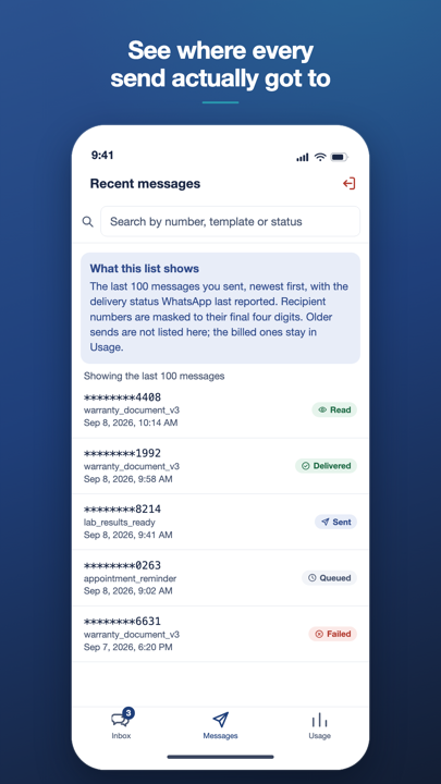 Recent messages with delivery statuses beside each send