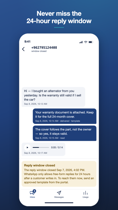 A conversation whose 24-hour reply window has closed, with the reply box disabled